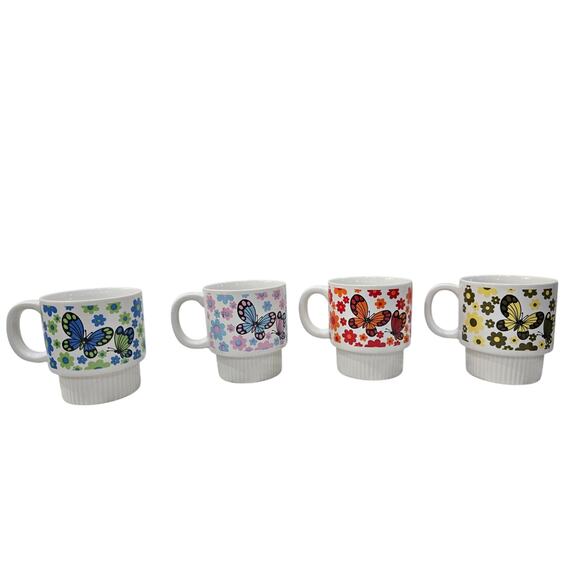 Vintage 1970s Butterfly Mugs Set of 4 Made in Japan – Retro Flower Power Design - Picture 4 of 13